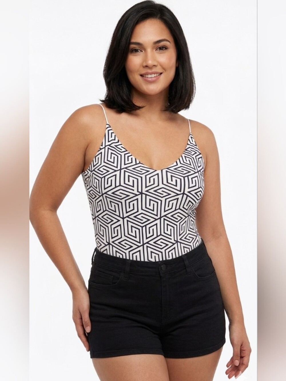 NWOT Medium Black & White Geometric V-Neck Spaghetti Strap Bodysuit